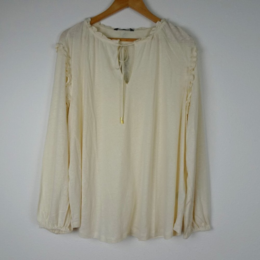 Ralph Lauren Top Women's Plus Size 2X Ivory Linen Blend Ruffled Neck